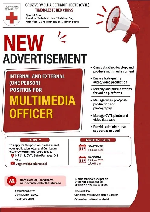 📢 WE ARE HIRING: MULTIMEDIA OFFICER 🎥✨in Cruz Vermelha de Timor-Leste (CVTL)