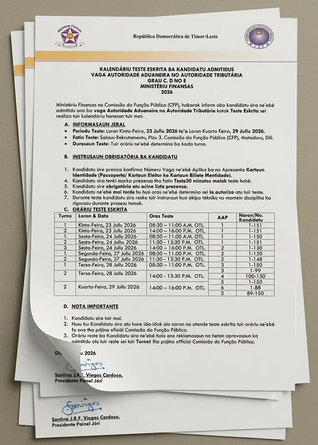 AVIZU  BA KANDIDATU ADMITIDUS VAGA AUTORIDADE ADUANEIRA NO AUTORIDADE TRIBUTÁRIA GRAU C, D NO E MINISTÉRIU FINANSAS 2026 