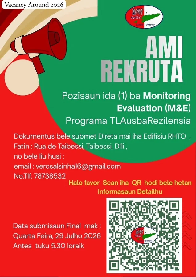 📢 VAGA SERVISU: OFISIÁL MONITORIZASAUN NO AVALIASAUN (M&E OFFICER)