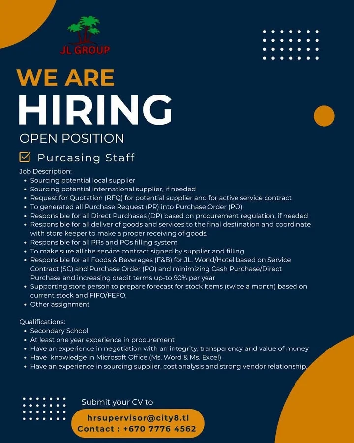 WE ARE HIRING  Purcasing Staff
