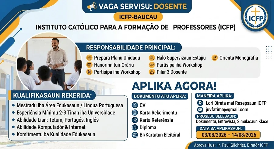 📢 𝗩𝗔𝗚𝗔 𝗦𝗘𝗥𝗩𝗜𝗦𝗨  (Dadaun ne'e ICFP buka hela pesoál atu bele servisu iha ICFP)